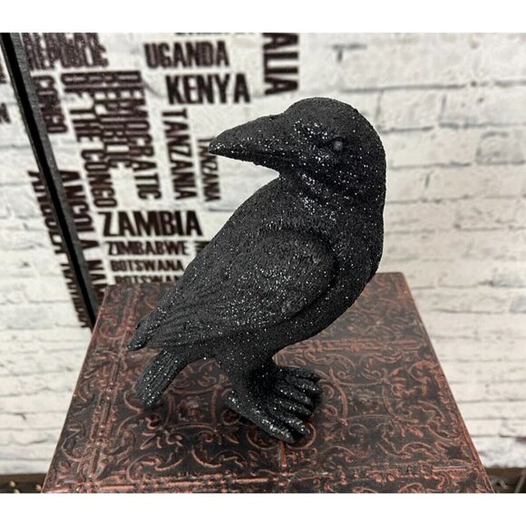 Asia Sourcing Black Glitter Resin Decorative Crow Looking Backwards Figurine - Picture 1 of 5